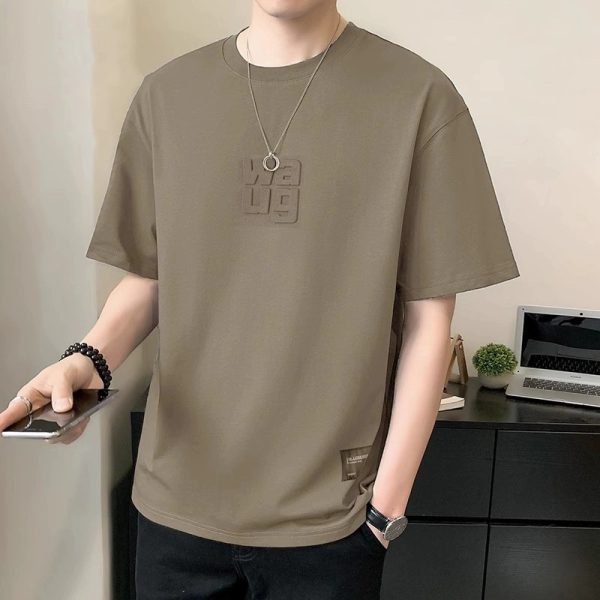 Plain Men Short Sleeve Fashion Round Neck Korean Style Loose Breathable Oversize T-Shirt - Khaki