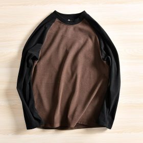 Long Sleeve Men Korean Loose Round Neck Warm Velvet T-Shirt - Brown - Image 1