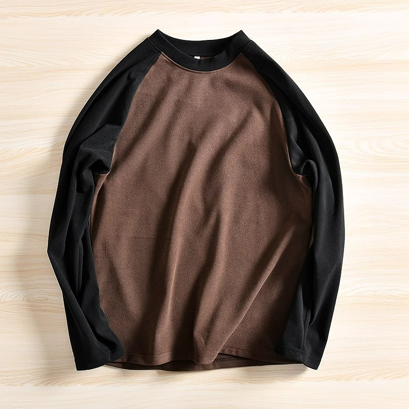 Long Sleeve Men Korean Loose Round Neck Warm Velvet T-Shirt - Brown - Image 1