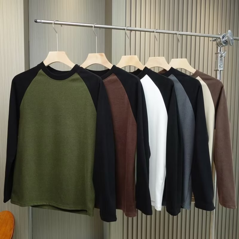 Long Sleeve Men Korean Loose Round Neck Warm Velvet T-Shirt - Green - Image 2