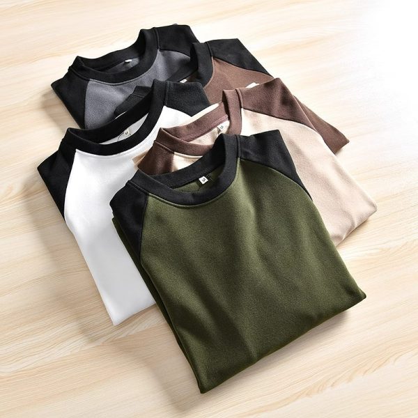 Long Sleeve Men Korean Loose Round Neck Warm Velvet T-Shirt - Green