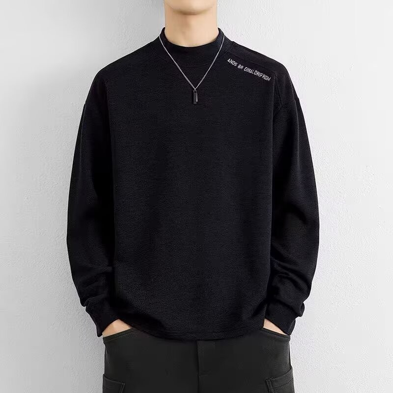 Plain Oversize Fashion Half Turtleneck Korean Style Long Sleeve Loose Warm T-Shirt - Black - Image 1