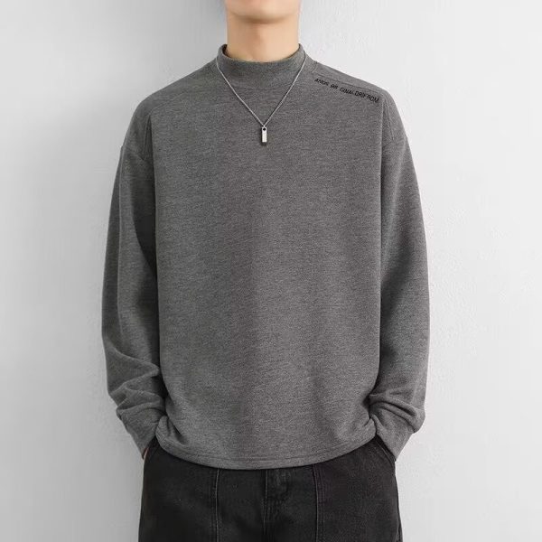 Plain Oversize Fashion Half Turtleneck Korean Style Long Sleeve Loose Warm T-Shirt - Grey