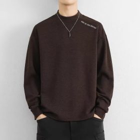 Plain Oversize Fashion Half Turtleneck Korean Style Long Sleeve Loose Warm T-Shirt - Brown
