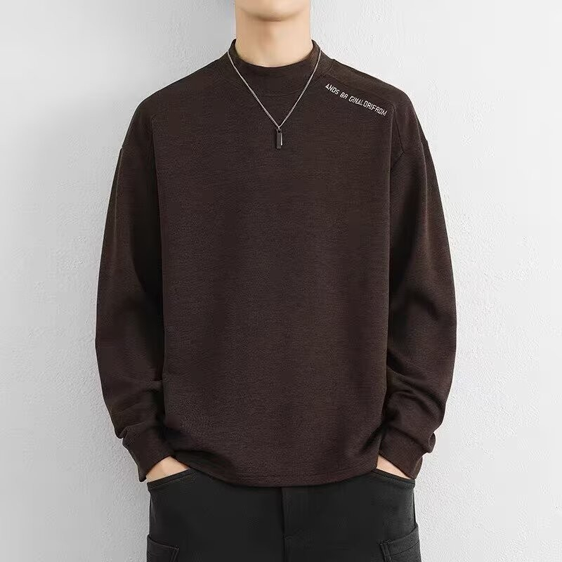 Plain Oversize Fashion Half Turtleneck Korean Style Long Sleeve Loose Warm T-Shirt - Brown - Image 1
