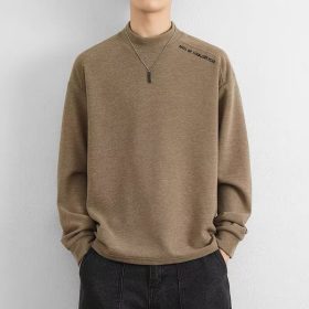 Plain Oversize Fashion Half Turtleneck Korean Style Long Sleeve Loose Warm T-Shirt - Khaki