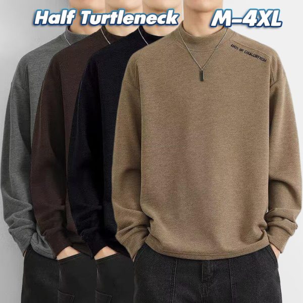 Plain Oversize Fashion Half Turtleneck Korean Style Long Sleeve Loose Warm T-Shirt - Grey