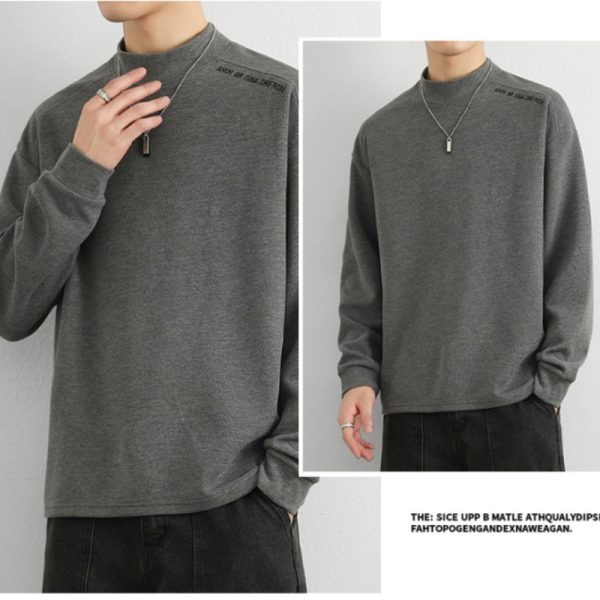 Plain Oversize Fashion Half Turtleneck Korean Style Long Sleeve Loose Warm T-Shirt - Grey