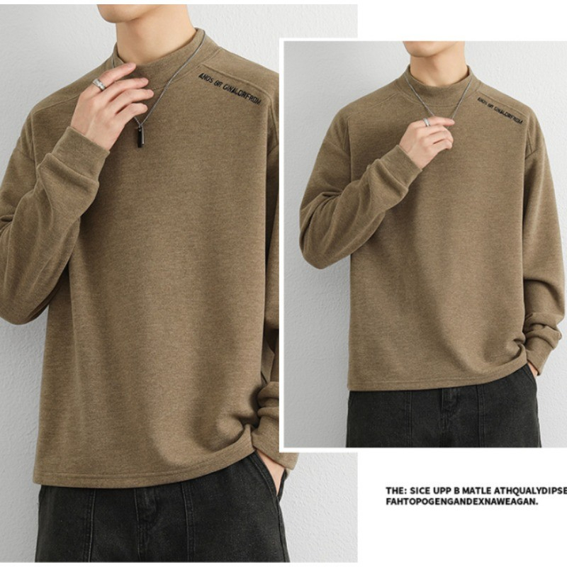 Plain Oversize Fashion Half Turtleneck Korean Style Long Sleeve Loose Warm T-Shirt - Khaki - Image 2