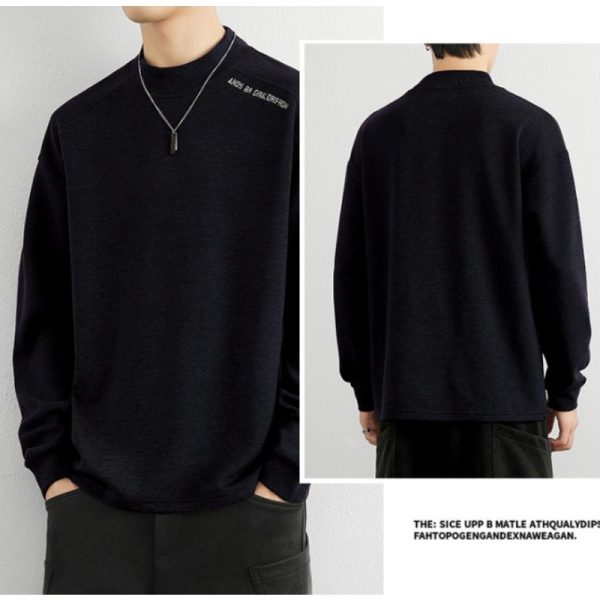 Plain Oversize Fashion Half Turtleneck Korean Style Long Sleeve Loose Warm T-Shirt - Black