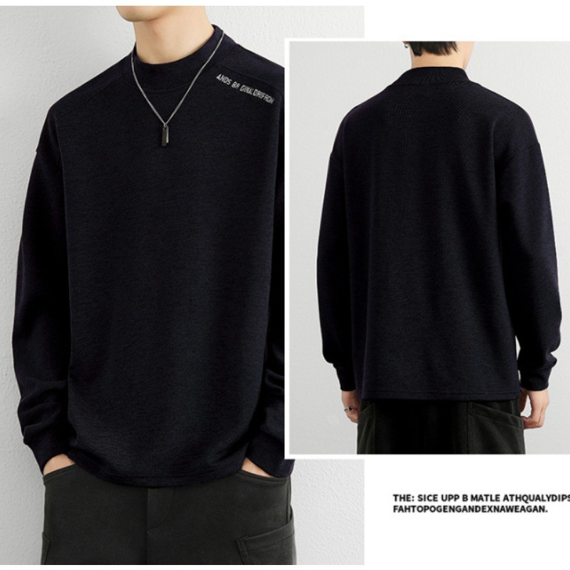 Plain Oversize Fashion Half Turtleneck Korean Style Long Sleeve Loose Warm T-Shirt - Black - Image 2