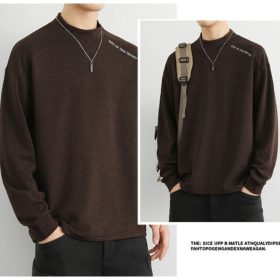 Plain Oversize Fashion Half Turtleneck Korean Style Long Sleeve Loose Warm T-Shirt - Brown - Image 2