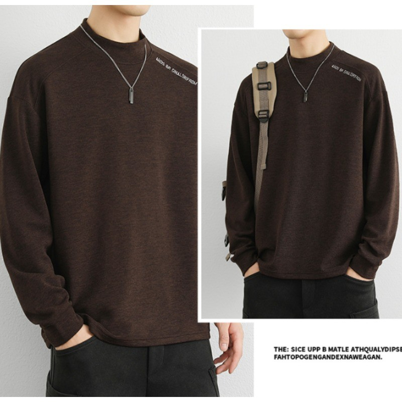 Plain Oversize Fashion Half Turtleneck Korean Style Long Sleeve Loose Warm T-Shirt - Brown - Image 2
