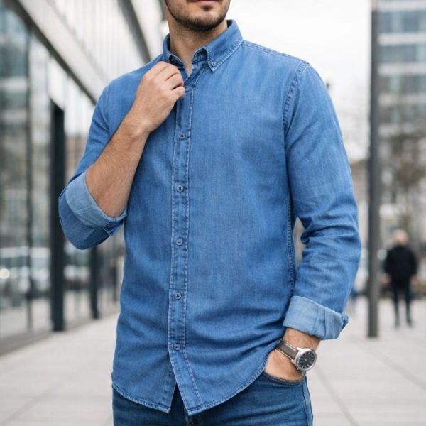 Men Denim Shirt Cotton Long Sleeve Style Casual Slim Fit Soft Jeans Smart Casual Shirt - Mid Denim