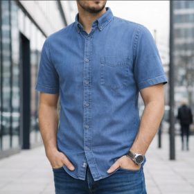 Men Denim Shirt Cotton Short Sleeve Style Casual Slim Fit Soft Jeans Smart Casual Shirt - Mid Denim