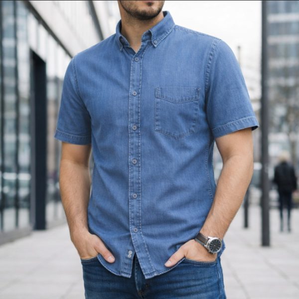 Men Denim Shirt Cotton Short Sleeve Style Casual Slim Fit Soft Jeans Smart Casual Shirt - Mid Denim