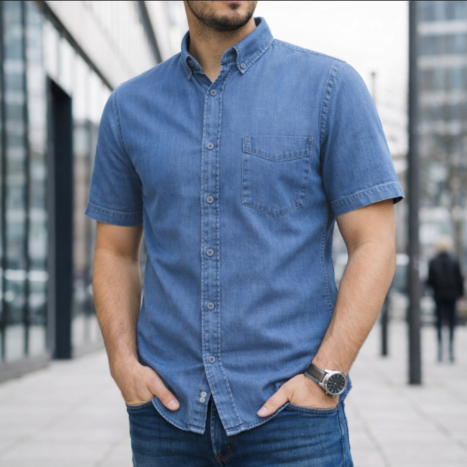 Men Denim Shirt Cotton Short Sleeve Style Casual Slim Fit Soft Jeans Smart Casual Shirt - Mid Denim - Image 1
