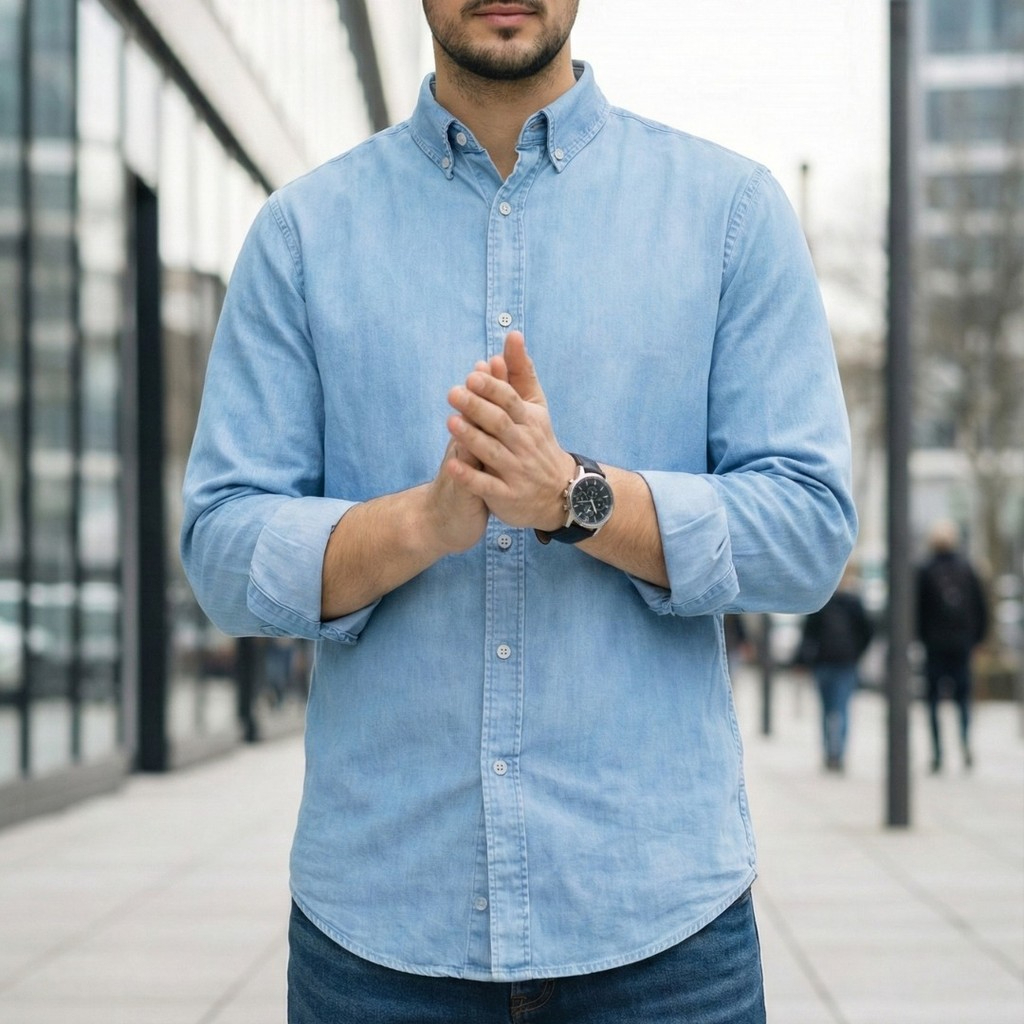 Men Denim Shirt Cotton Long Sleeve Style Casual Slim Fit Soft Jeans Smart Casual Shirt - Light Denim - Image 1