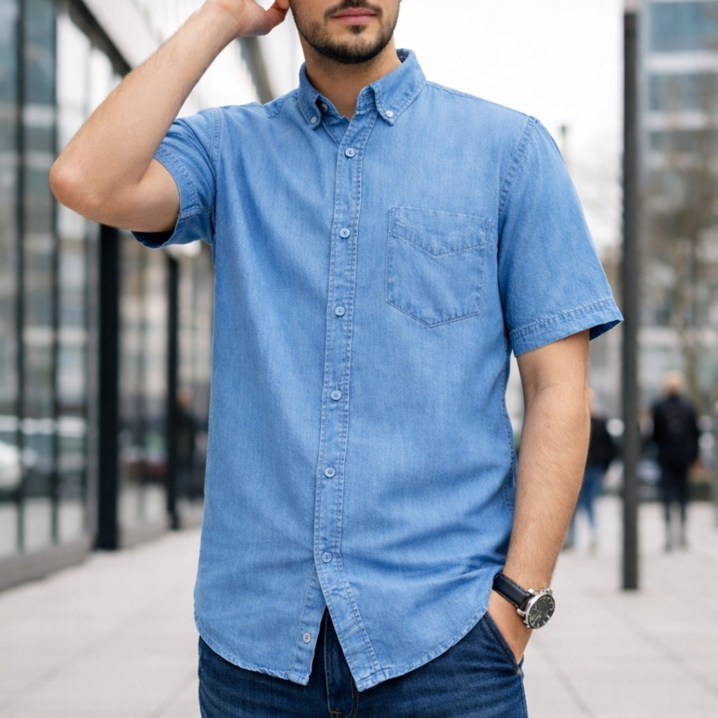 Men Denim Shirt Cotton Short Sleeve Style Casual Slim Fit Soft Jeans Smart Casual Shirt - Light Denim - Image 1