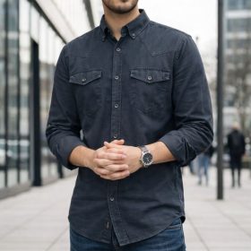 Men Denim Shirt Cotton Long Sleeve Style Casual Slim Fit Soft Jeans Smart Casual Shirt - Black Denim