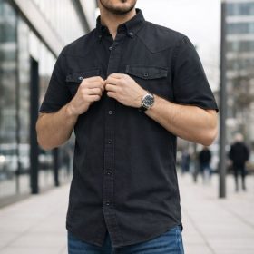 Men Denim Shirt Cotton Short Sleeve Style Casual Slim Fit Soft Jeans Smart Casual Shirt - Black Denim