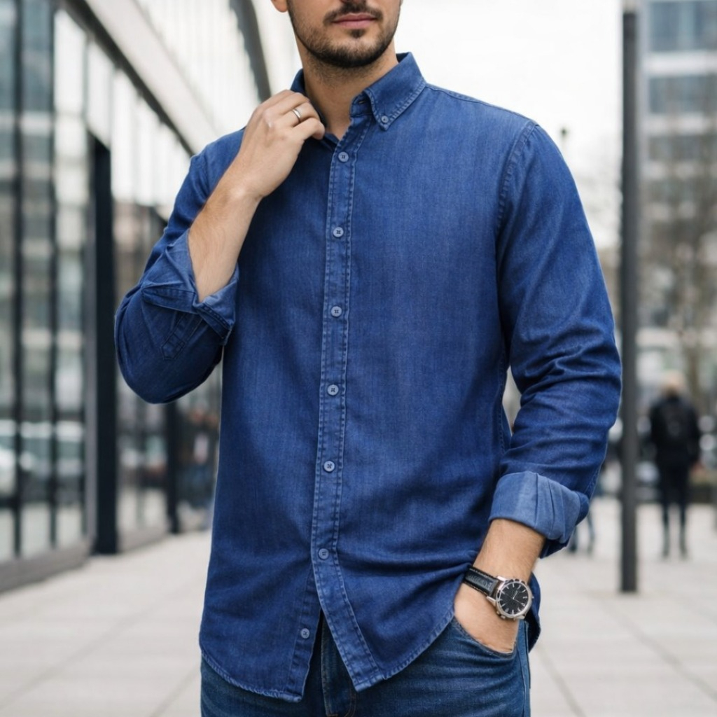 Men Denim Shirt Cotton Long Sleeve Style Casual Slim Fit Soft Jeans Smart Casual Shirt - Deep Denim - Image 1