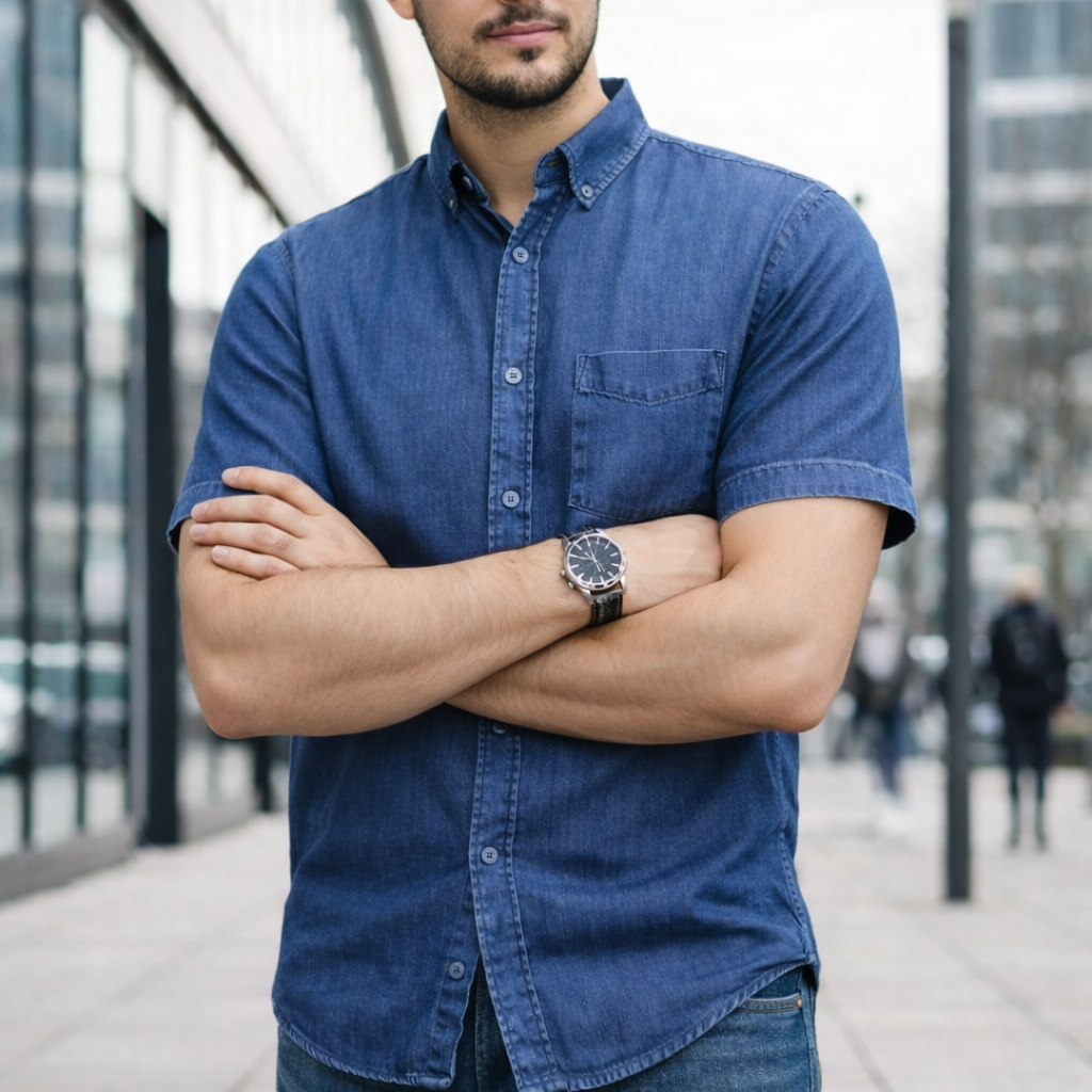 Men Denim Shirt Cotton Short Sleeve Style Casual Slim Fit Soft Jeans Smart Casual Shirt - Deep Denim - Image 1