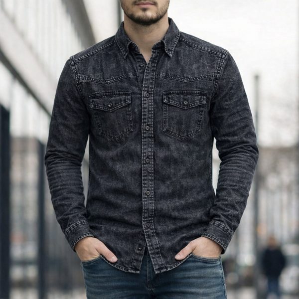 Men Denim Shirt Cotton Long Sleeve Style Casual Slim Fit Soft Jeans Smart Casual Shirt - Carbon Wash