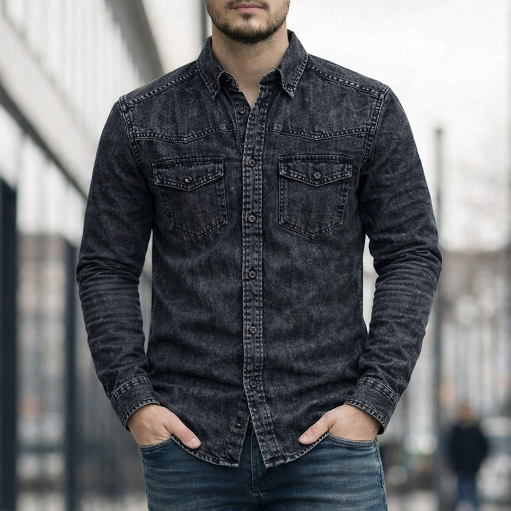 Men Denim Shirt Cotton Long Sleeve Style Casual Slim Fit Soft Jeans Smart Casual Shirt - Carbon Wash - Image 1