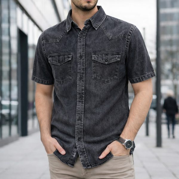 Men Denim Shirt Cotton Short Sleeve Style Casual Slim Fit Soft Jeans Smart Casual Shirt - Carbon Wash