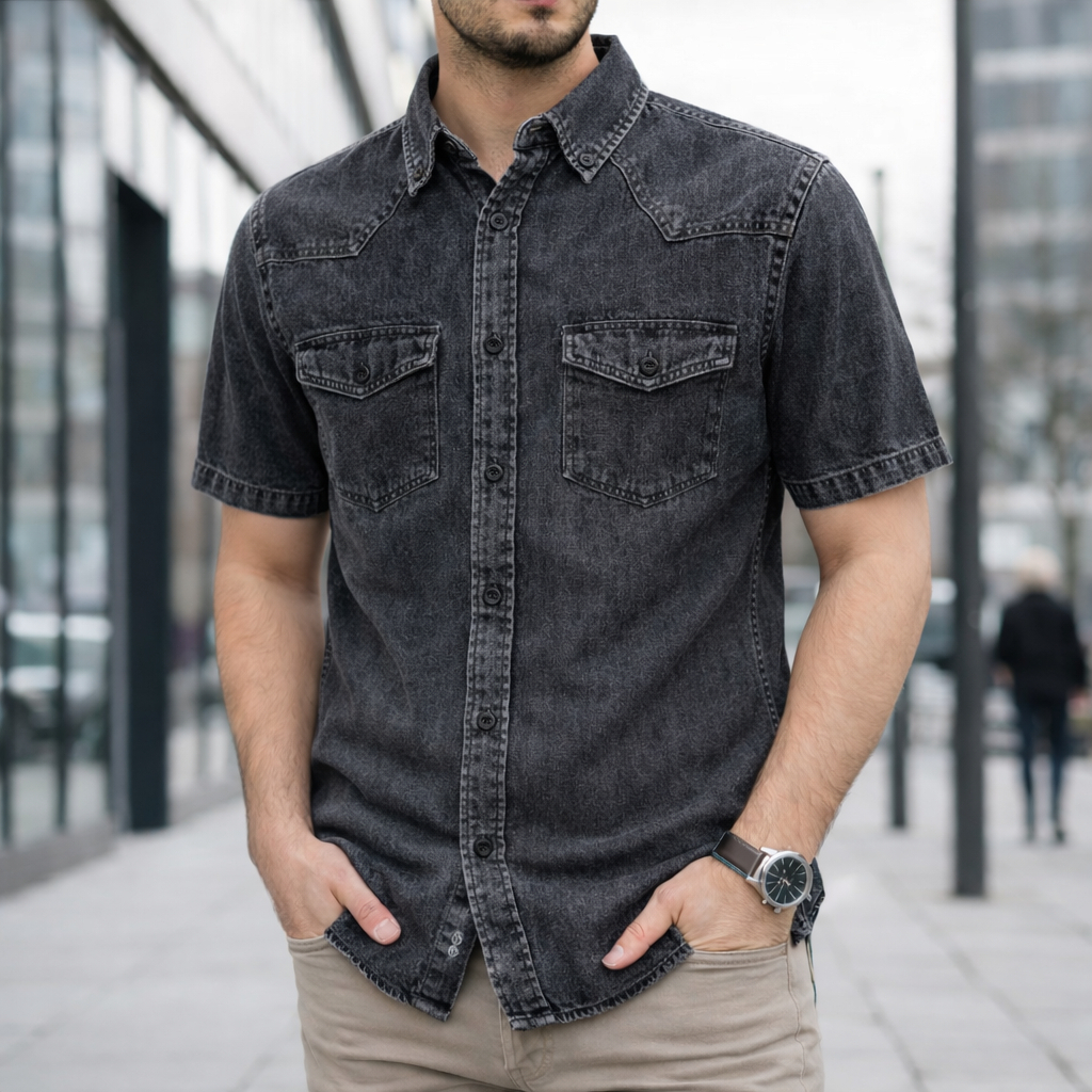 Men Denim Shirt Cotton Short Sleeve Style Casual Slim Fit Soft Jeans Smart Casual Shirt - Carbon Wash - Image 1