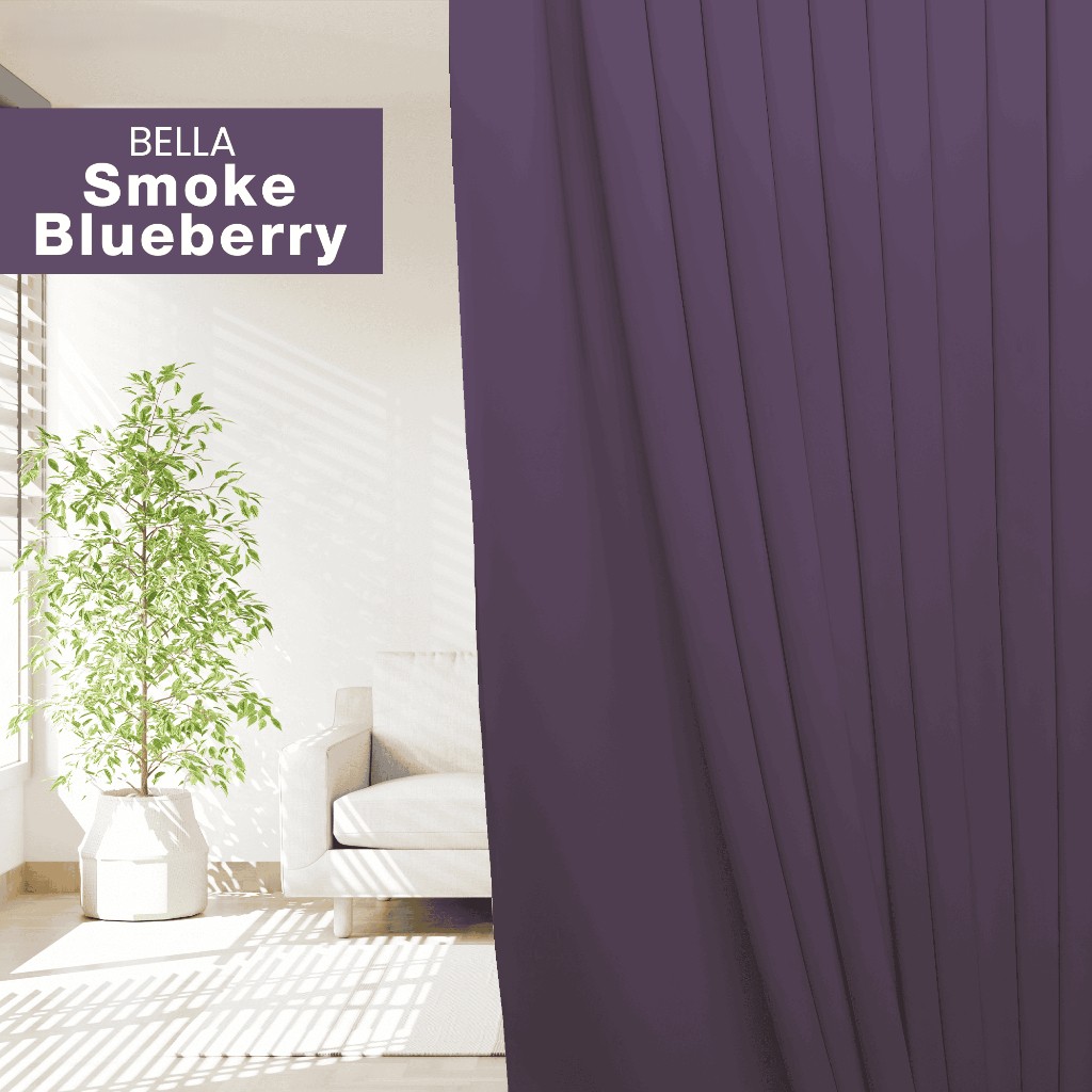 BELLA UV 90%-95% Blackout Curtain Window Ready Made Hook / Ring - Smoke Blueberry - Image 1