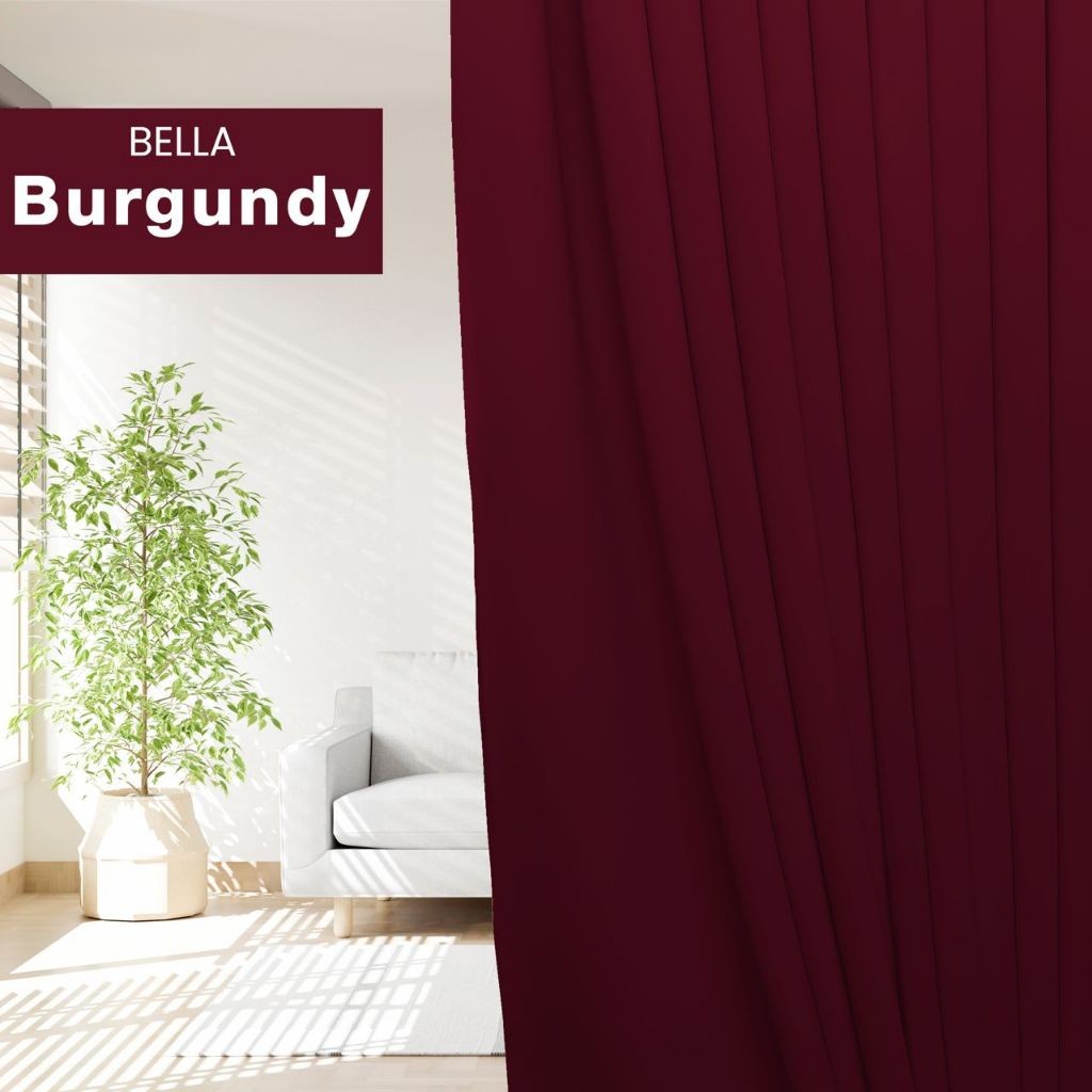 BELLA UV 90%-95% Blackout Curtain Window Ready Made Hook / Ring - Burgundy - Image 1