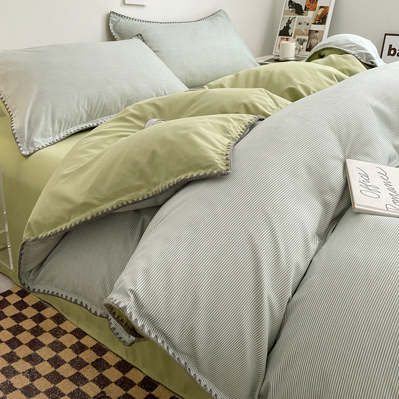 Cotton Bed in Three New Style Cotton Bed Sheet Bed Quilt Cover Student Dormitory Four-Piece - Stripe Green - Image 1
