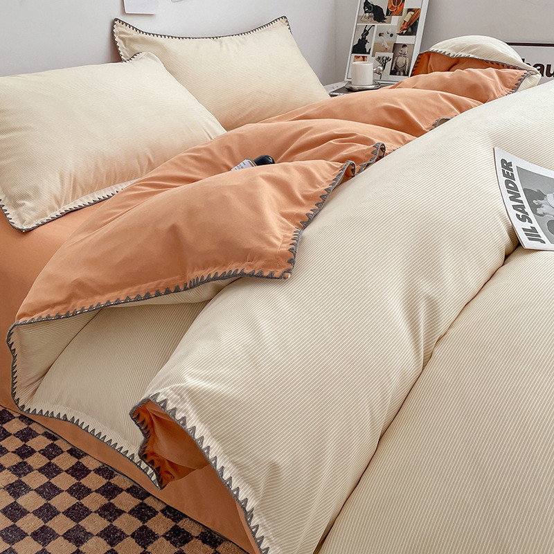 Cotton Bed in Three New Style Cotton Bed Sheet Bed Quilt Cover Student Dormitory Four-Piece - Stripe Coffee - Image 1