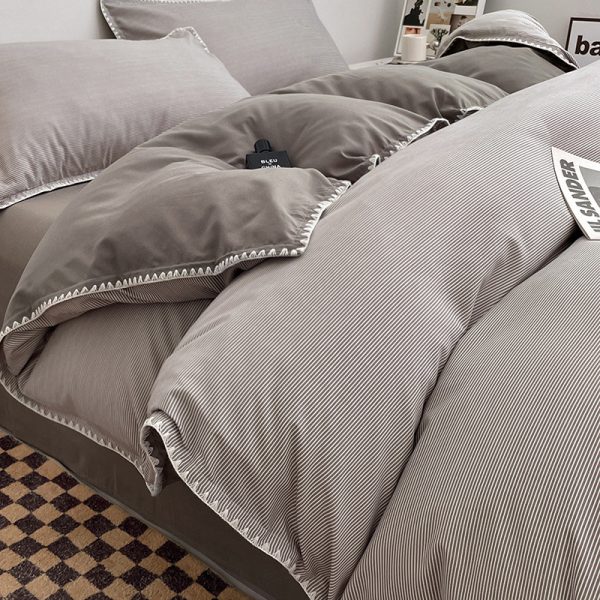 Cotton Bed in Three New Style Cotton Bed Sheet Bed Quilt Cover Student Dormitory Four-Piece - Stripe Grey