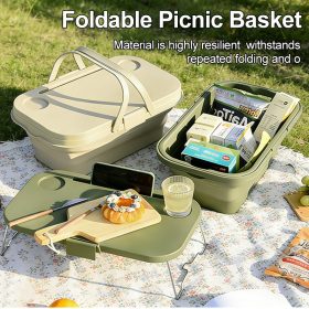 Foldable picnic basket, large capacity camping box, multi-functional camping storage box with table - Khaki - Image 2