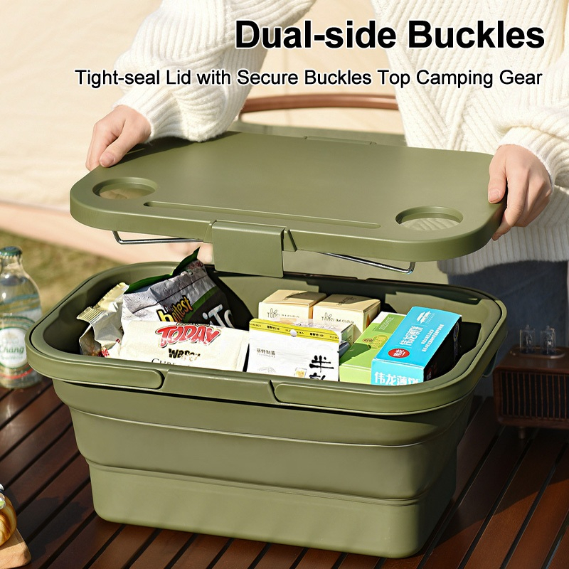Foldable picnic basket, large capacity camping box, multi-functional camping storage box with table - Khaki - Image 6