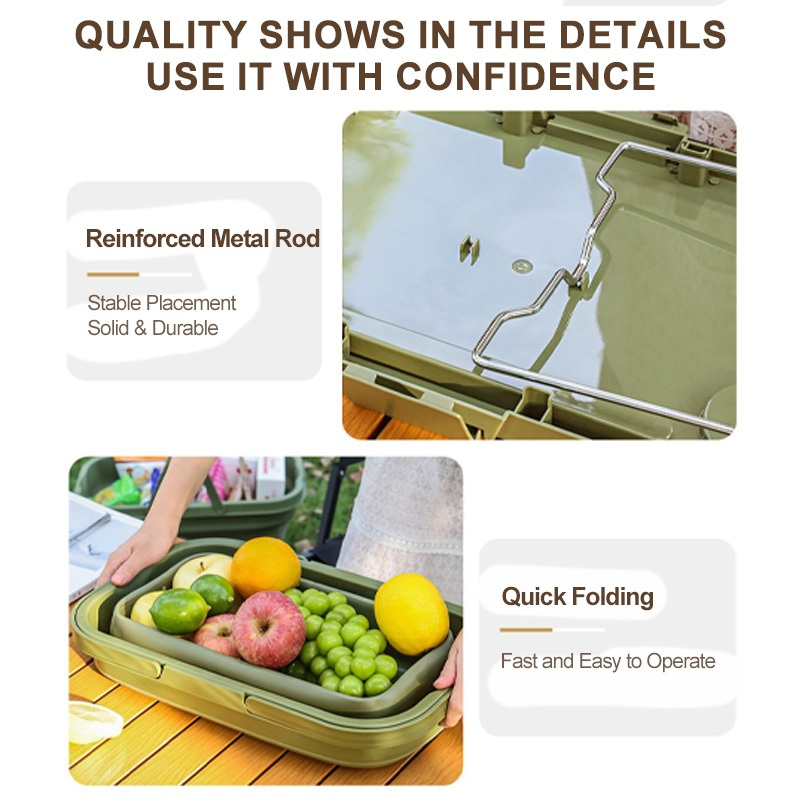 Foldable picnic basket, large capacity camping box, multi-functional camping storage box with table - Khaki - Image 9