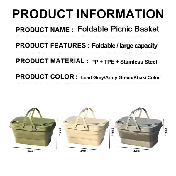 Foldable picnic basket, large capacity camping box, multi-functional camping storage box with table - Khaki