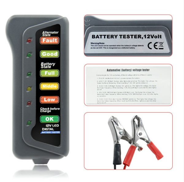 12V Car Battery Tester Digital Alternator 6 LED Lights Display Diagnostic Tool