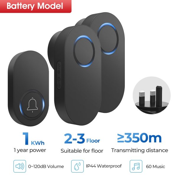 Waterproof Wireless Smart Door Bell Electric Security Alarm LED Light - 1 button 2 receiver