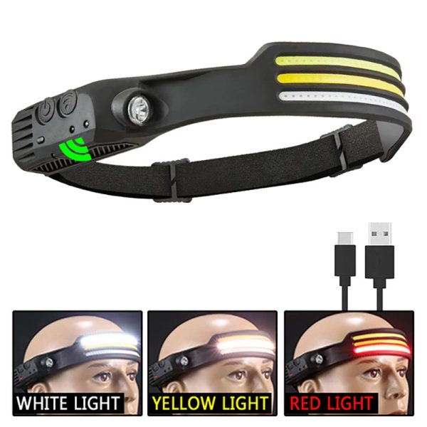 Multifunction Headlamp LED Sensor Headlight Flexible Flashlight Rechargeable Outdoor Waterproof - White-Yellow-Red