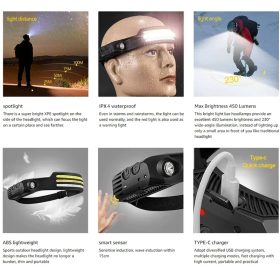 Multifunction Headlamp LED Sensor Headlight Flexible Flashlight Rechargeable Outdoor Waterproof - 1 White Light - Image 4