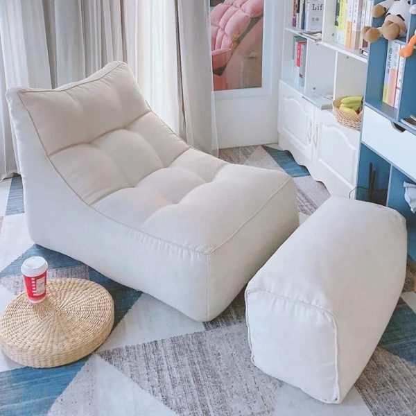 L-Shape Bean Bag Chair Sofa Full Set Filling Durable Soft - Beige + Pedal (Fabric)