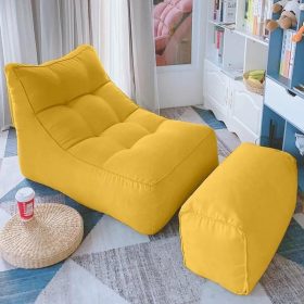 L-Shape Bean Bag Chair Sofa Full Set Filling Durable Soft - Yellow + Pedal (Fabric)