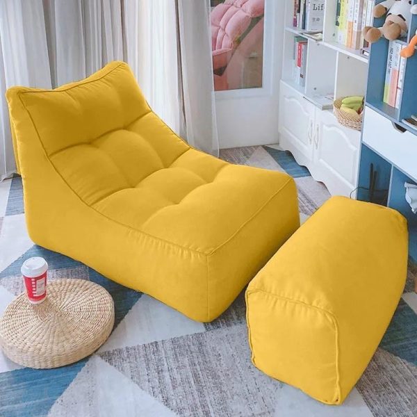 L-Shape Bean Bag Chair Sofa Full Set Filling Durable Soft - Yellow + Pedal (Fabric)