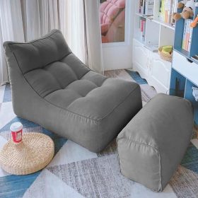 L-Shape Bean Bag Chair Sofa Full Set Filling Durable Soft - Dark Grey + Pedal (Fabric)