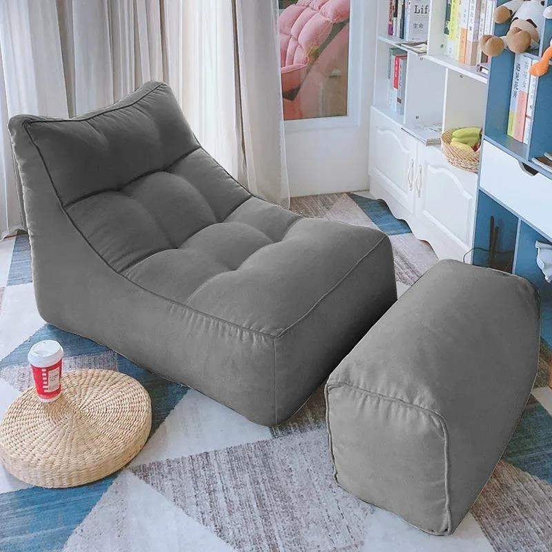 L-Shape Bean Bag Chair Sofa Full Set Filling Durable Soft - Dark Grey + Pedal (Fabric) - Image 1
