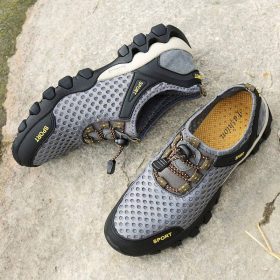 Men's shoes breathable casual mesh hollow mesh outdoor hiking sports running shoes - light coffee - Image 3